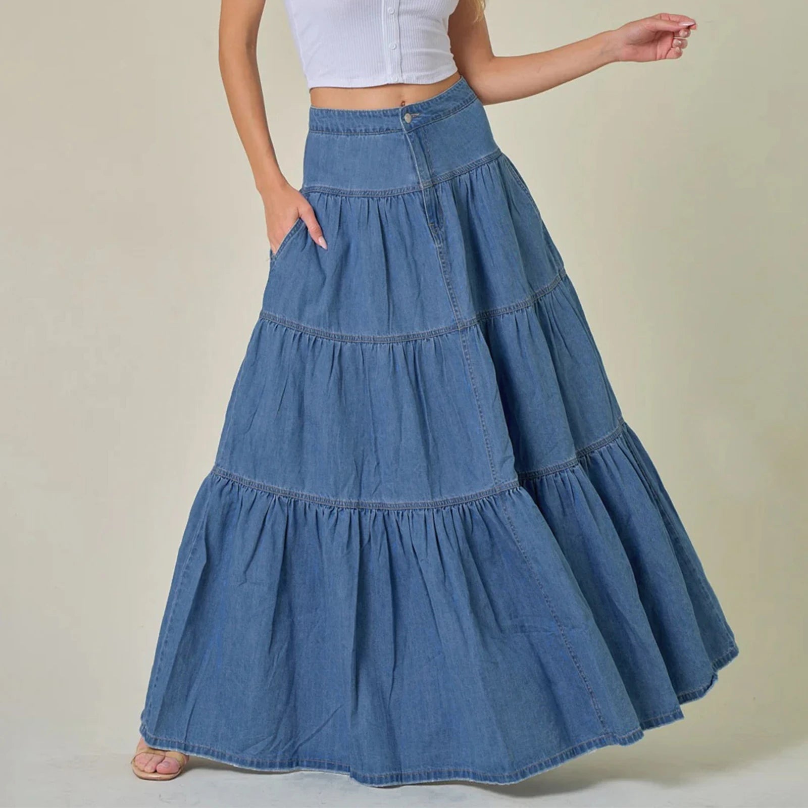 Glorol - High Waist A-Line Denim Skirt