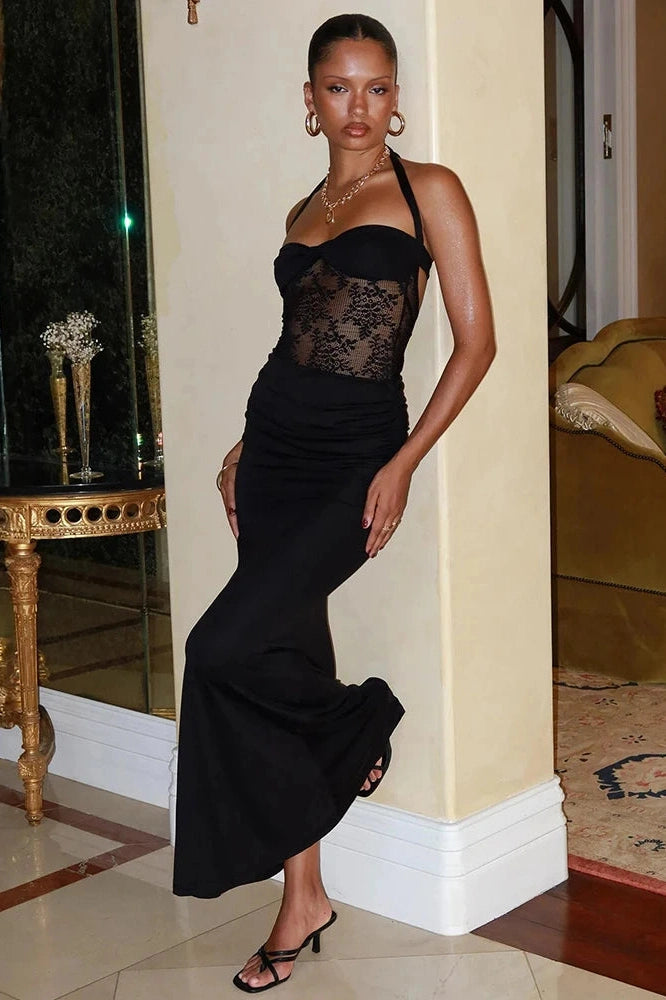 Glorol - Backless Lace See Through Square Collar Sleeveless Bodycon Maxi Dress
