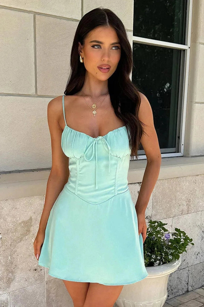 Glorol - Spaghetti Strap Lace-Up Sleeveless Backless High Waist A-Line Mini Dress