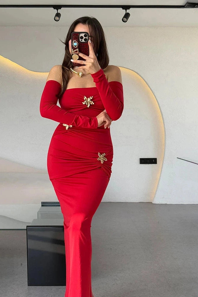 Glorol - Strapless Off-Shoulder Backless Long Sleeve Bodycon Maxi Dress