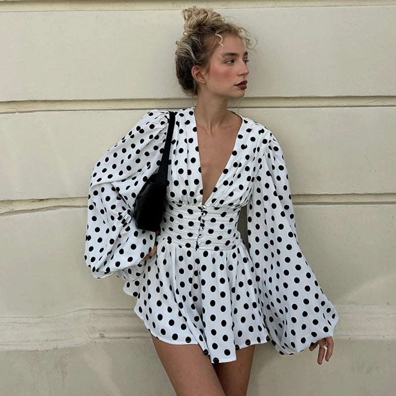 Glorol - Polka Dot Print Deep V-Neck Single-Breasted Mini Dress