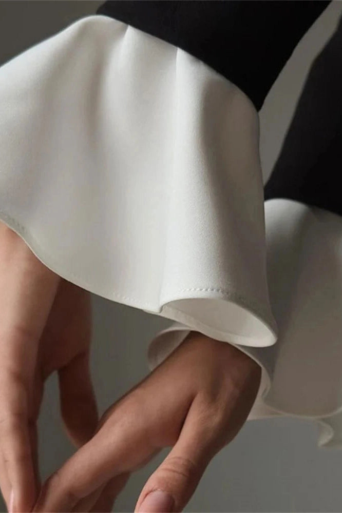Glorol - Patchwork Zipper High Waist Long Sleeve Midi Dress