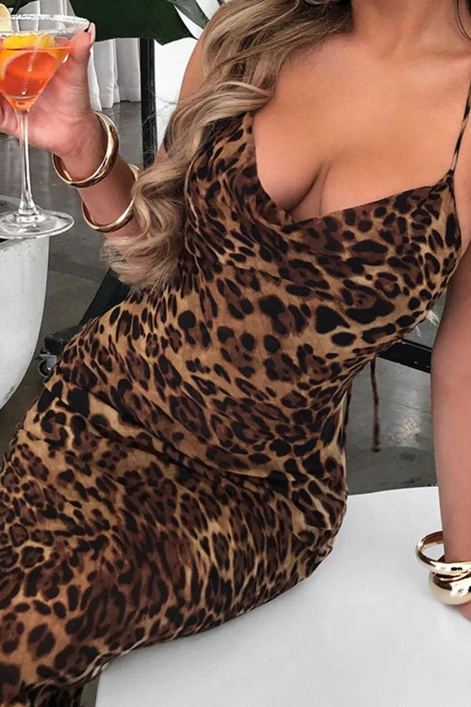 Glorol - Leopard Print Spaghetti Strap Sleeveless Maxi Dress