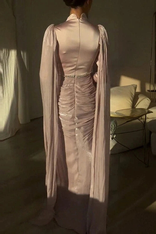 Glorol - Long Sleeve High Waist O-Neck Pleated Maxi Dress