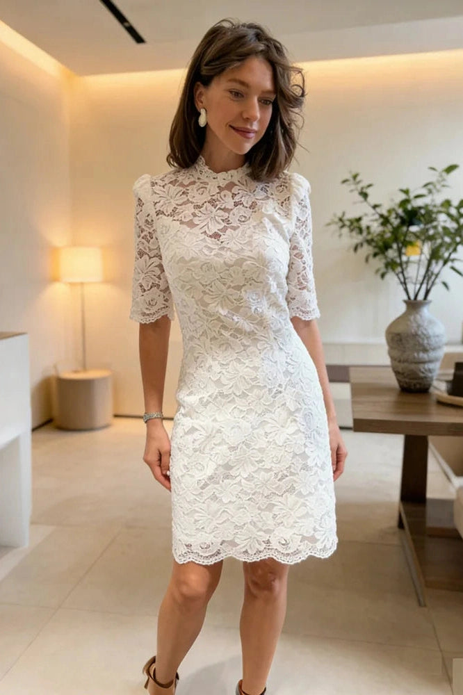 Glorol - See-Through Lace Patchwork Short Sleeve Mini Dress