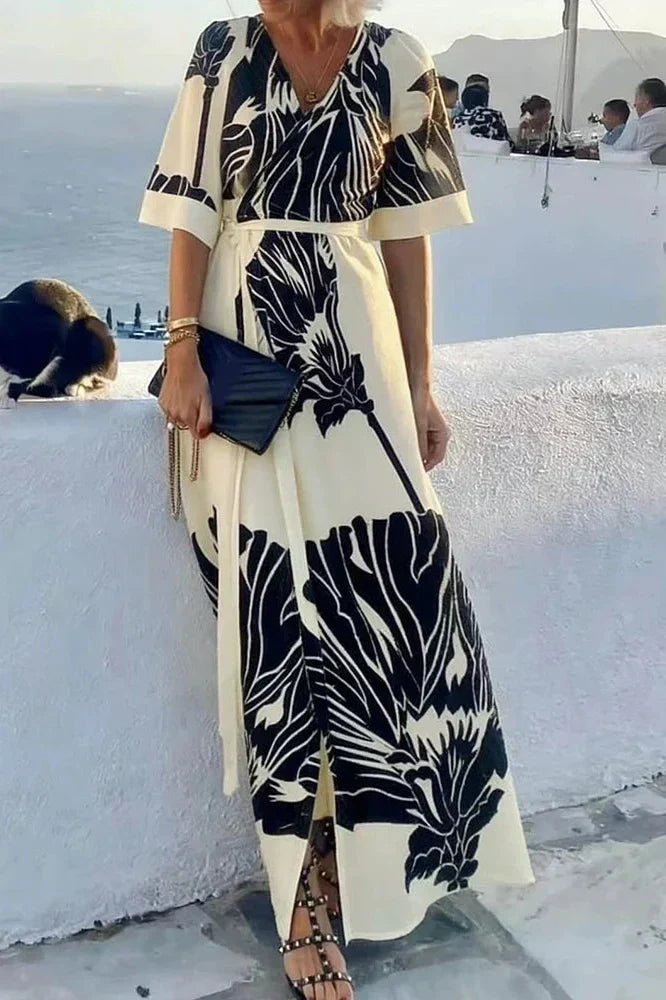 V-Neck Short Sleeve Pleated Printed Maxi Dress