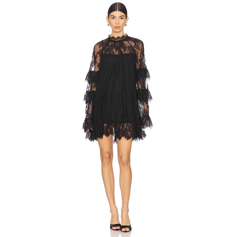 Glorol - Lace See-Through Long Sleeve Loose Mini Dress