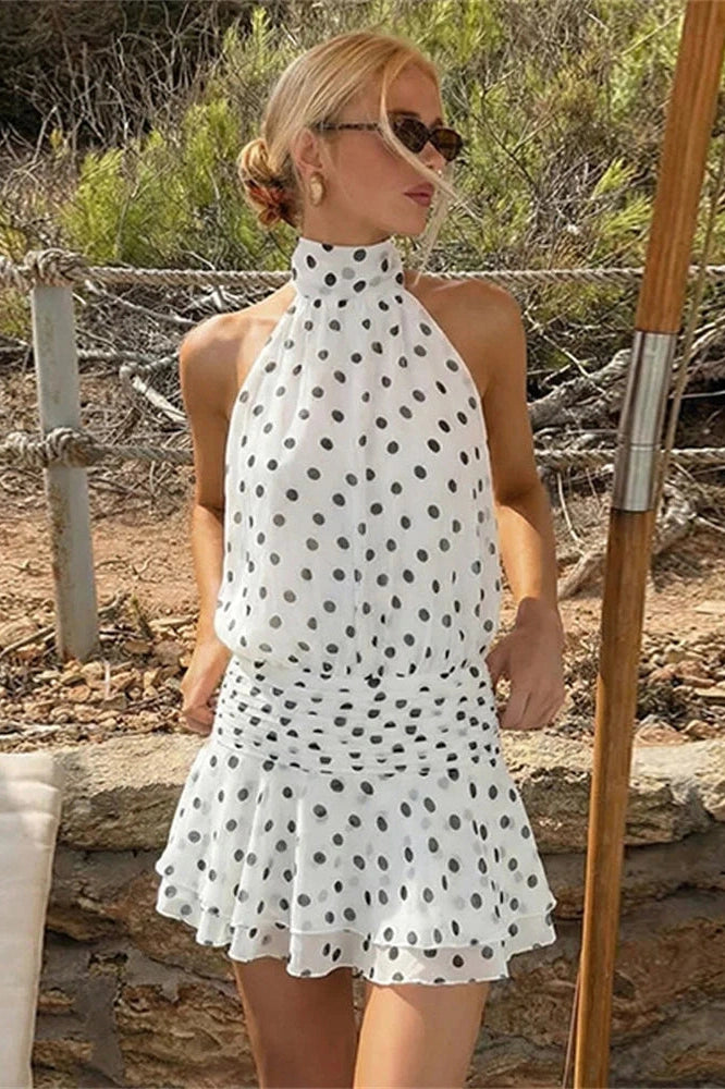 Glorol - Backless Off-Shoulder Pleated Lace-Up Mini Dress