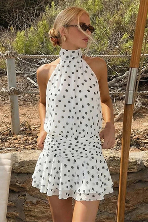 Glorol - Backless Off-Shoulder Pleated Lace-Up Mini Dress