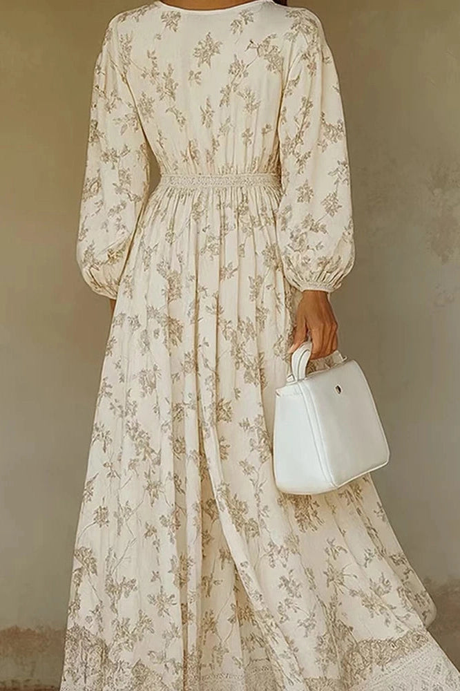 Glorol - Elegant Long Sleeve Lace V-Neck Printed Maxi Dress