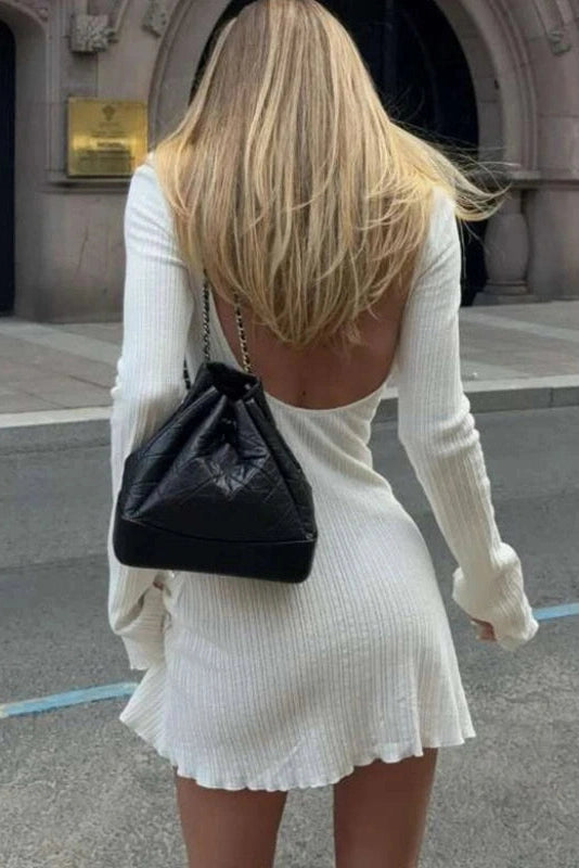 Glorol - Elegant Backless Round Neck High Waist Long Sleeve Mini Dress