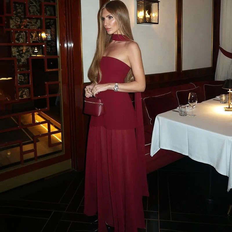 Glorol - Elegant Strapless Scarf Ribbon Patchwork Maxi Dress