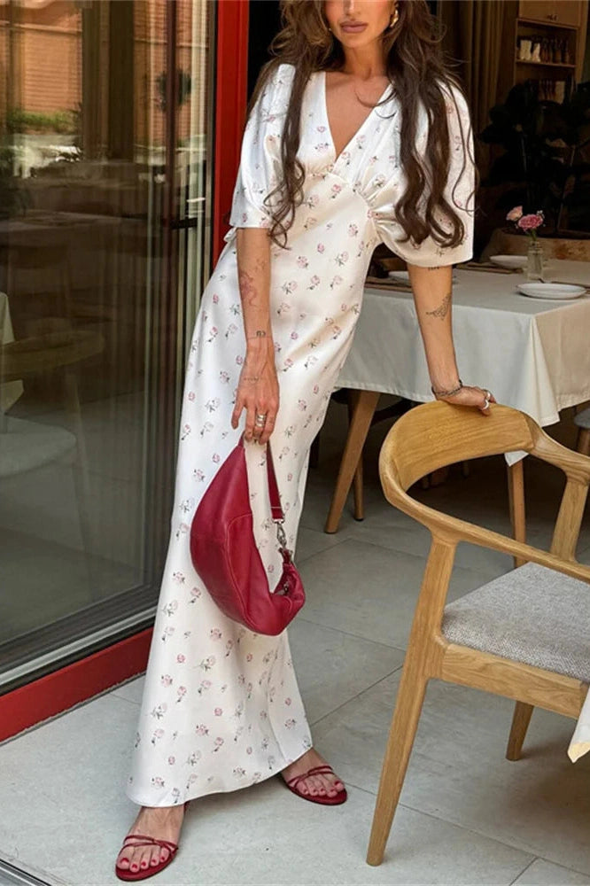 Glorol - Printed V-Neck High Waist Slim Maxi Dress