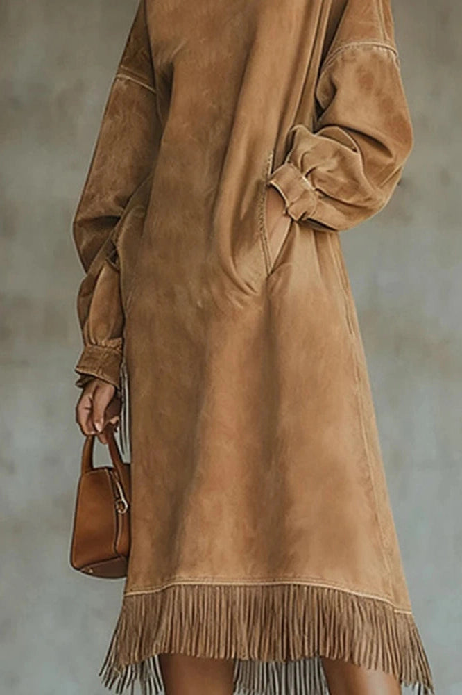 Glorol - Elegant High Collar Loose A-Line High Waist Pocket Midi Dress