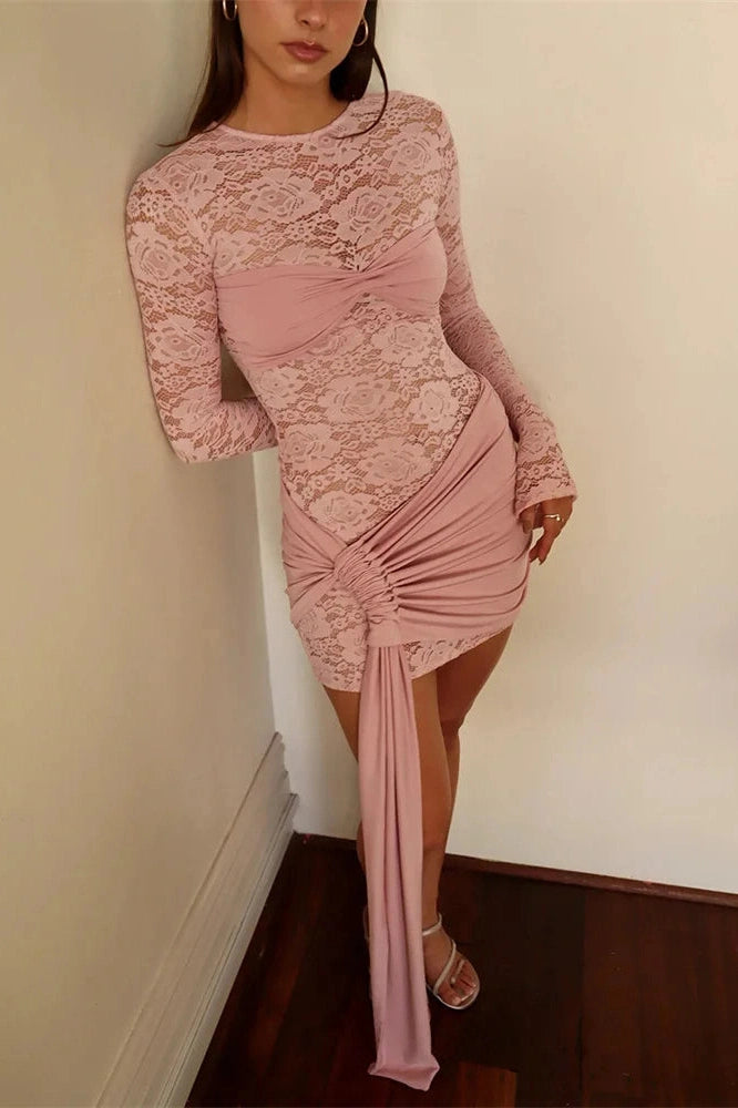 Glorol - Lace See-Through Printed Long Sleeve Pleated Mini Dress