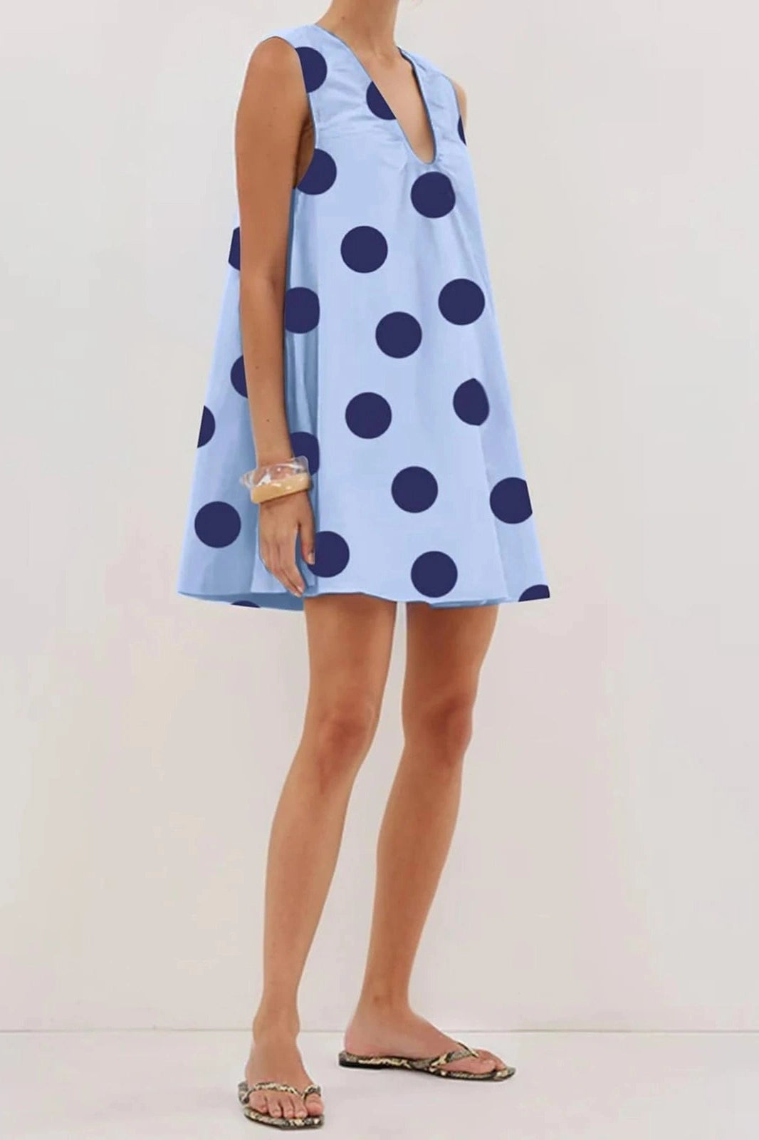 Glorol - Printed V Neck Sleeveless Loose Fit Mini Dress