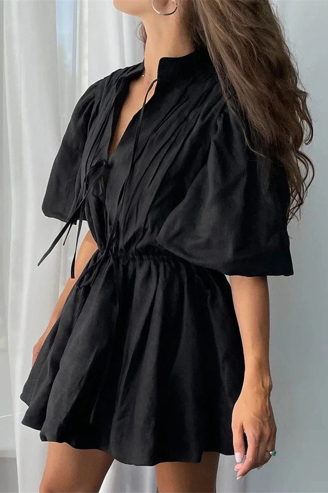Glorol - Lace-Up Short Sleeve V-Neck High Waist Mini Dress