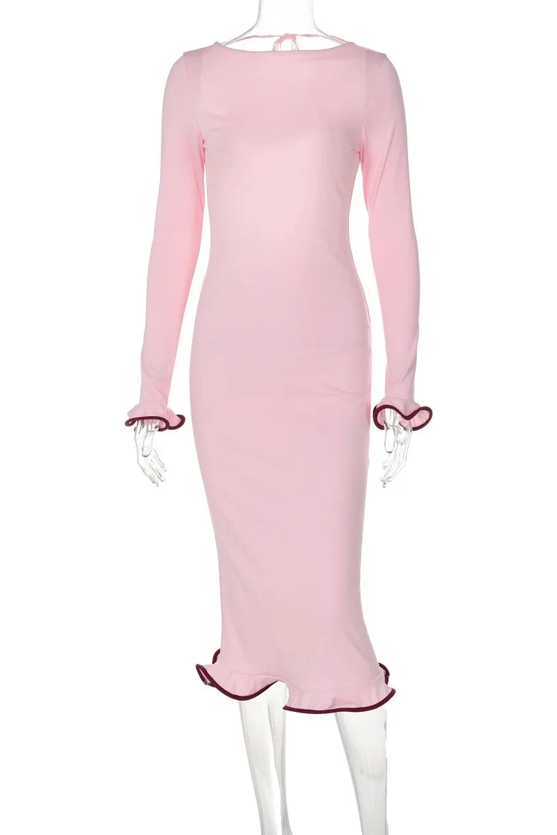 Glorol - Elegant Slim Fit Patchwork Long Sleeve Backless Midi Dress