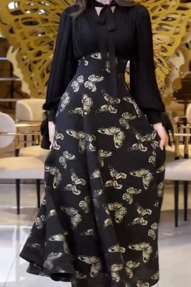 Glorol - Elegant High Waist Printed Long Sleeve Pleated Maxi Dress