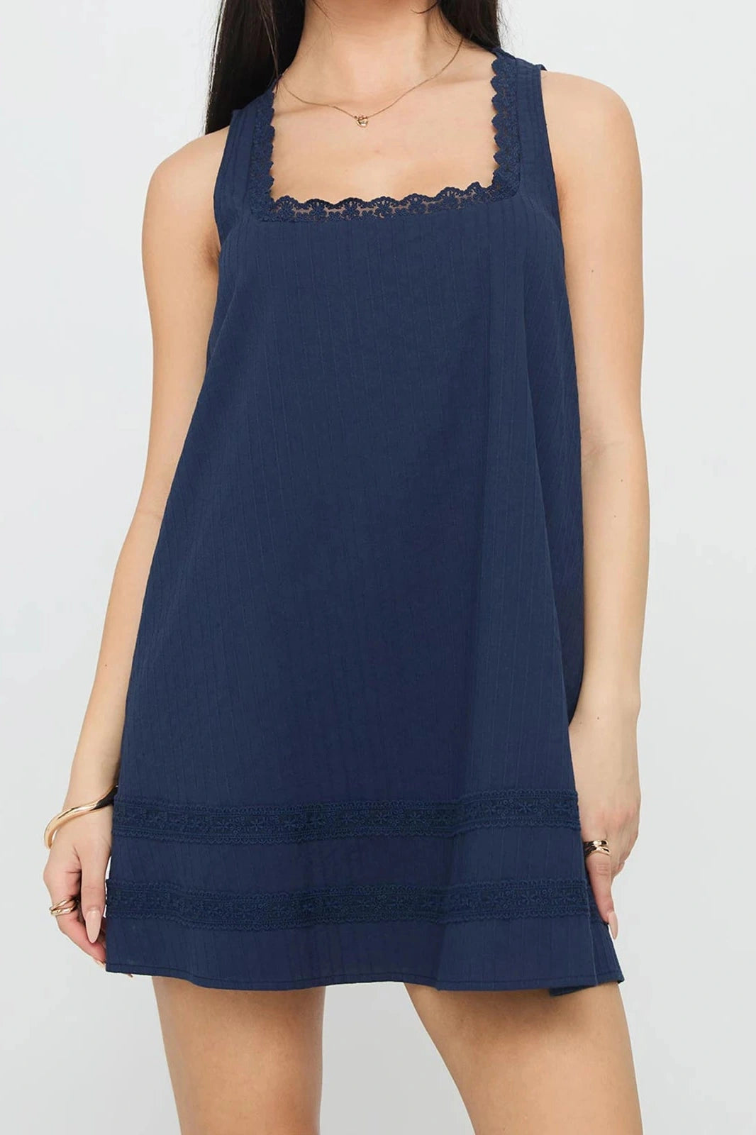 Glorol - Lace Patchwork Square Neck Sleeveless Loose Mini Dress