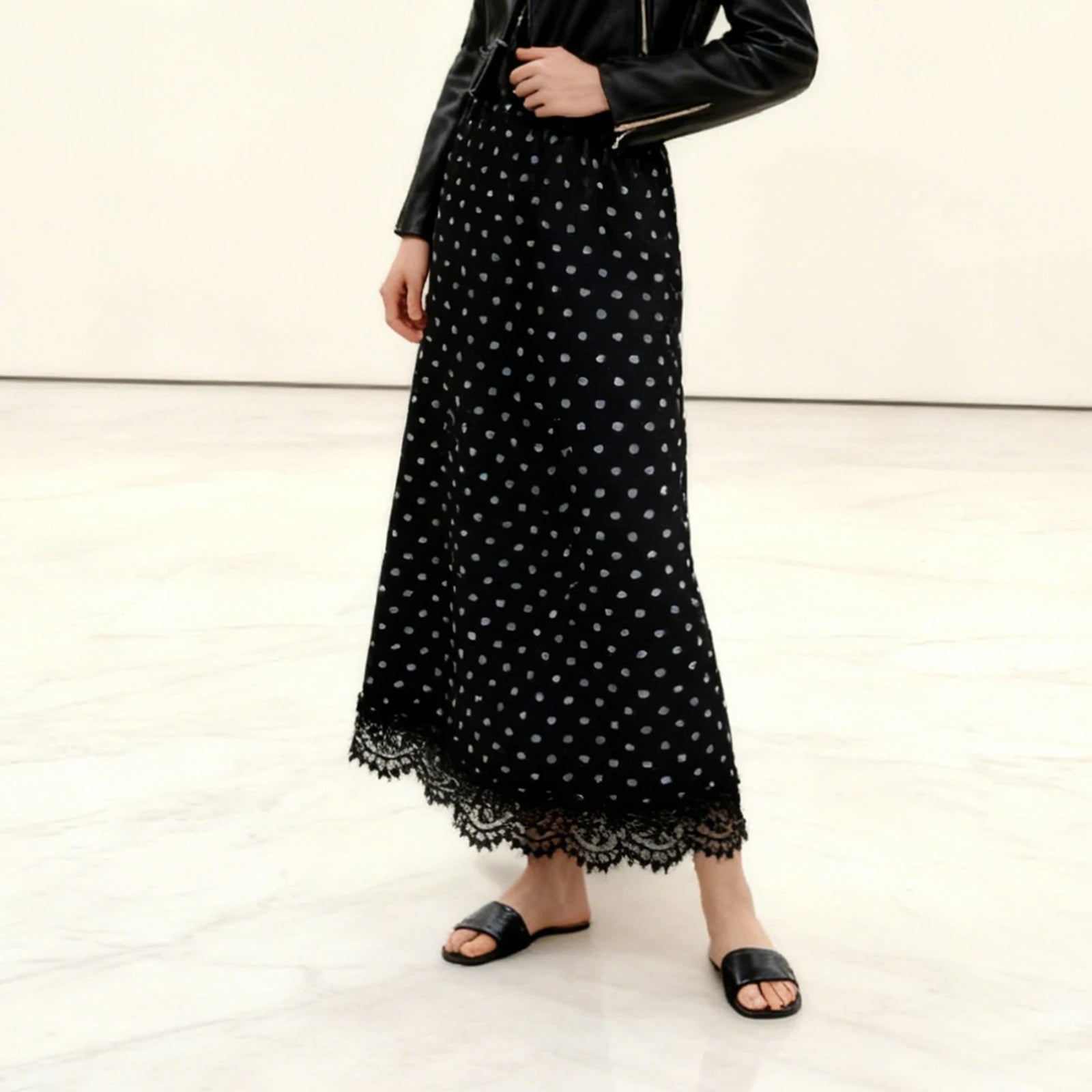 Glorol - Polka Dot Low Waist Sheer Mesh Flowy Skirt