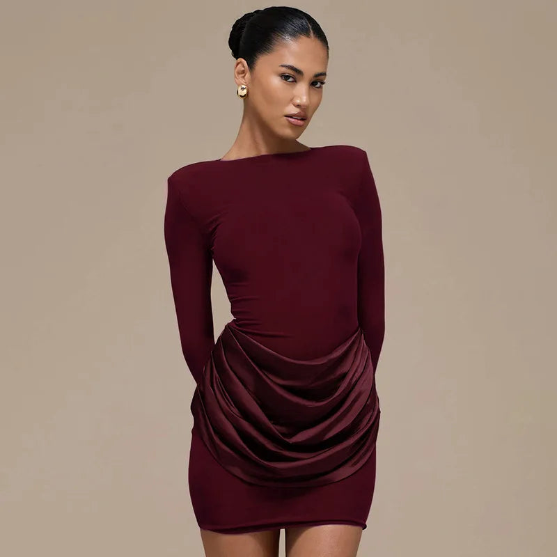 Glorol - Elegant O Neck Long Sleeve Slim Mini Dress