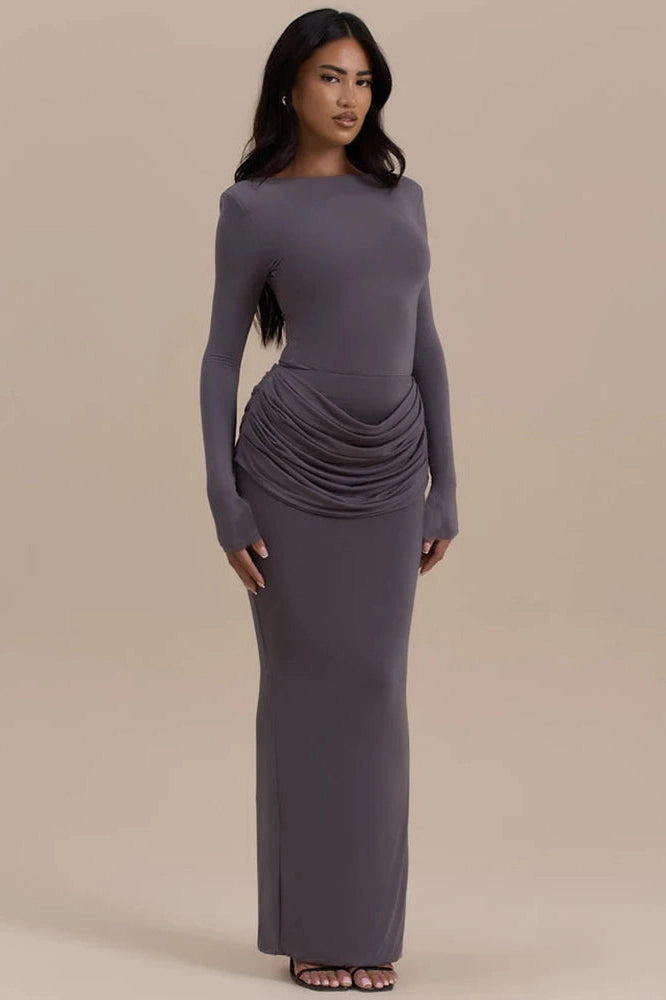 Glorol - Long Sleeve O Neck High Waist Bodycon Maxi Dress