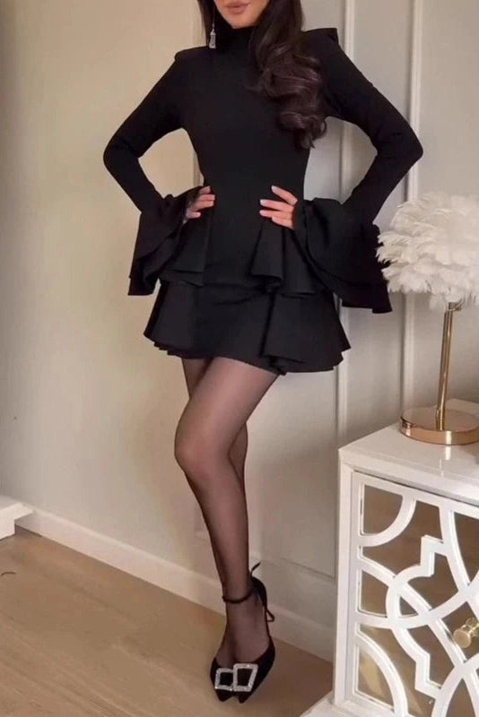 Glorol - Slim Pleated A-Line Turtleneck Long Sleeve Mini Dress