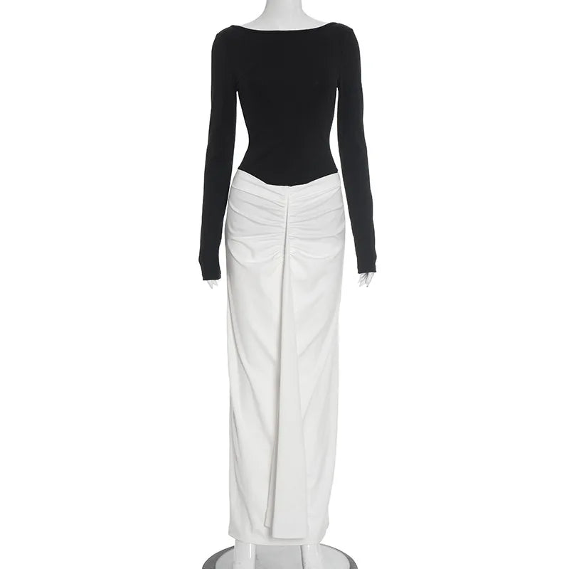 Glorol - Backless Round Neck Patchwork Long Sleeve Maxi Dress