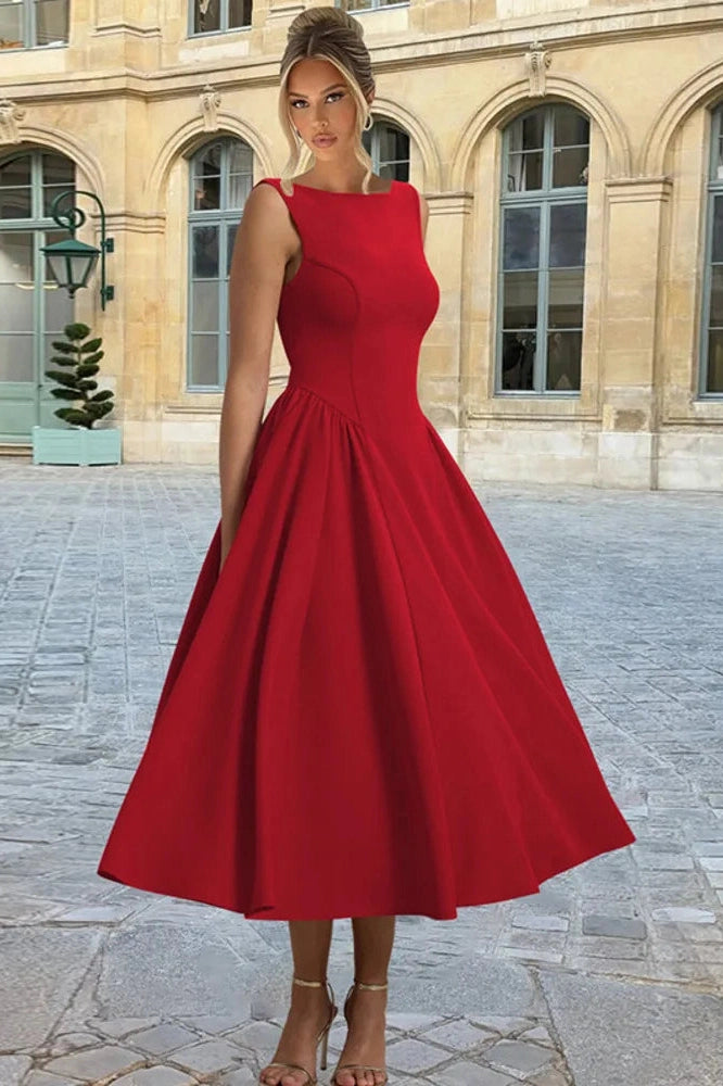 Glorol - Sleeveless Pleated O Neck High Waist A-Line Midi Dress