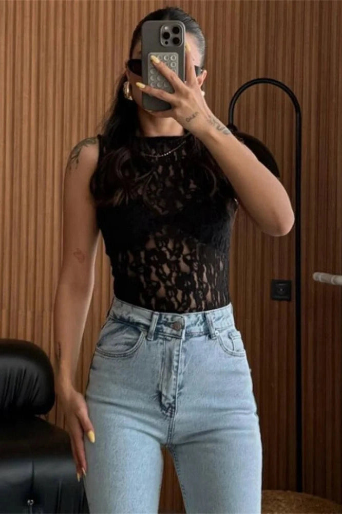 Glorol - Lace Printed See-Through Sleeveless Patchwork Top