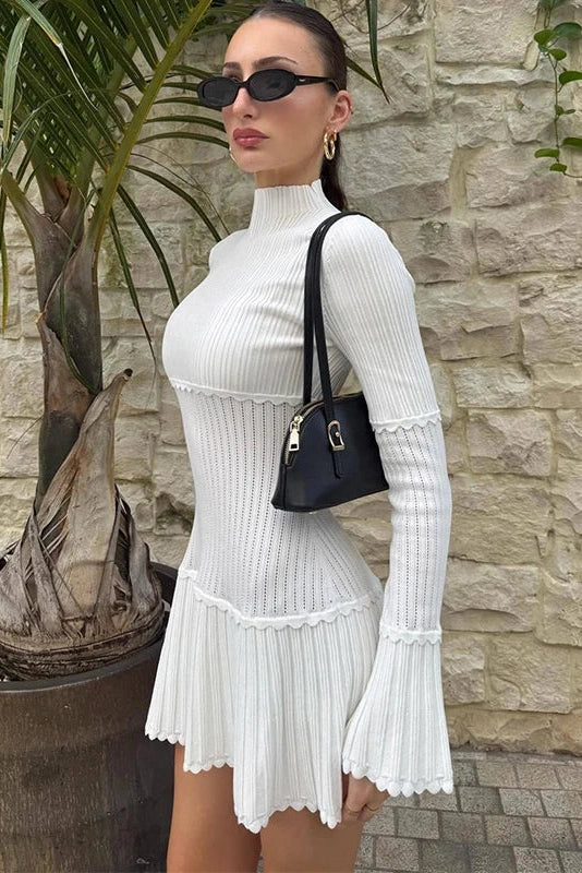 Glorol - Elegant Slim Knitted Turtleneck Sleeves High Waist Mini Dress
