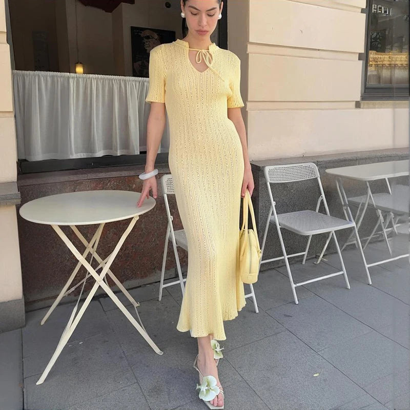 Glorol - Knitted Short Sleeve Slim High Waist Maxi Dress