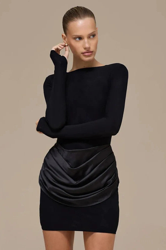 Glorol - Long Sleeve Patchwork O Neck High Waist Mini Dress