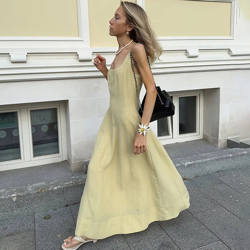 Glorol - Elegant Square Neck Backless High Waist Sleeveless Maxi Dress