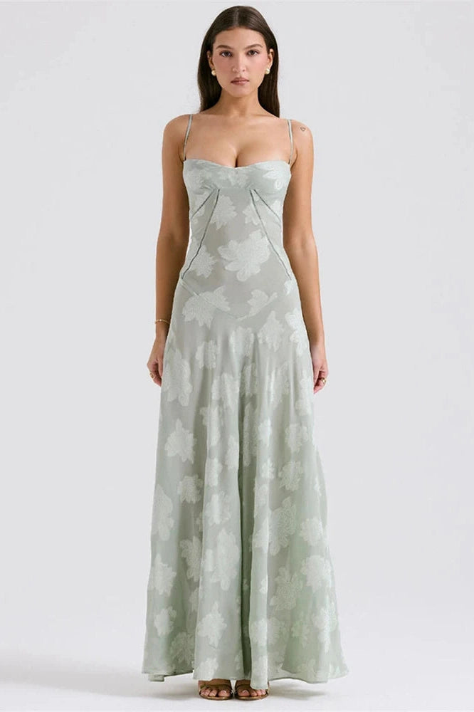 Glorol - Elegant Print Spaghetti Strap Sleeveless Backless Maxi Dress