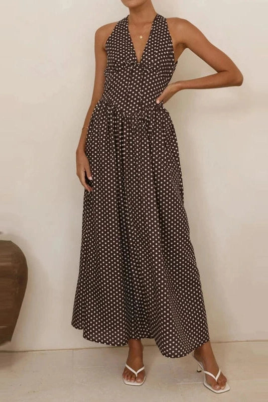 Glorol - Polka Dot Sleeveless Backless Maxi Dress