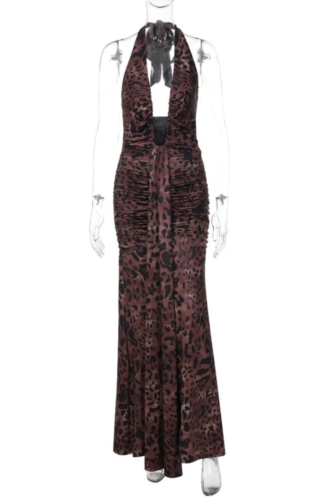 Glorol - Printed Backless Deep V Neck Sleeveless Bodycon Maxi Dress