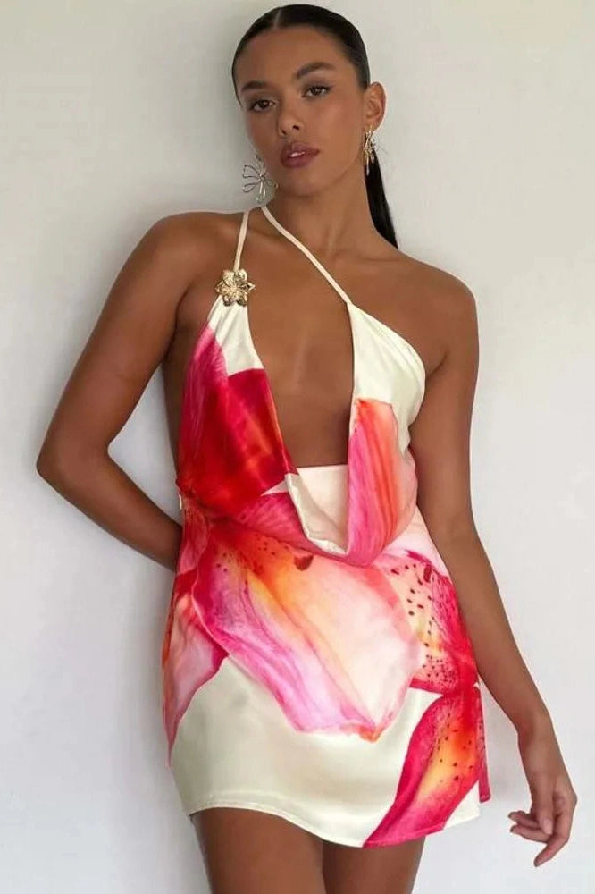 Glorol - Hollow Out One Shoulder Backless Print Sleeveless Mini Dress