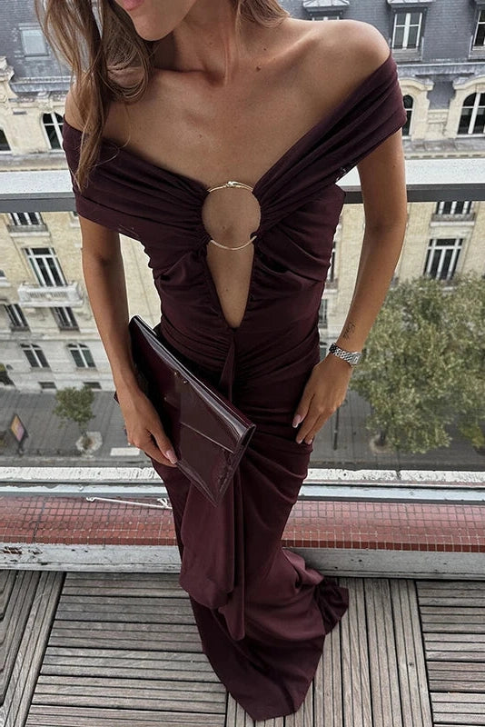 Glorol - Hollow Out Slash Collar Slim High Waist Pleated Maxi Dress