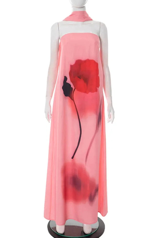 Glorol - Printed Scarf Collar Off-Shoulder Sleeveless Backless Maxi Dress