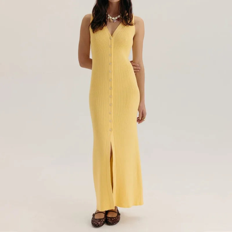 Glorol - Elegant V-Neck Sleeveless Patchwork Maxi Dress