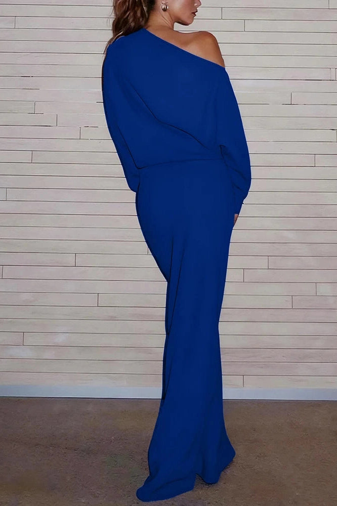 Glorol - Elegant Long Sleeve Slash Collar Maxi Dress