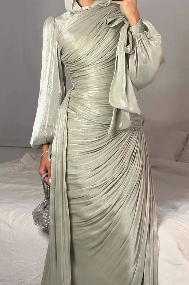 Glorol - Elegant Long Sleeve High Waist Pleated Slim Maxi Dress