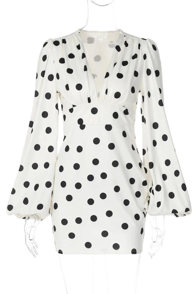 Glorol - Polka Dot Long Sleeve Deep V Neck High Waist Mini Dress