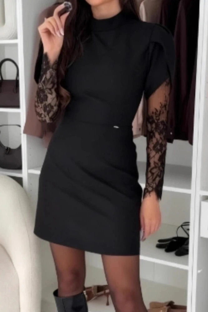 Glorol - O-Neck Lace Long Sleeve Slim High Waist Pleated A-Line Mini Dress