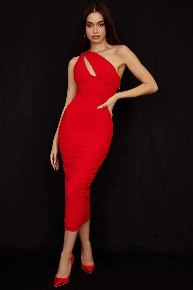 Glorol - Elegant One Shoulder Sleeveless Backless Midi Dress