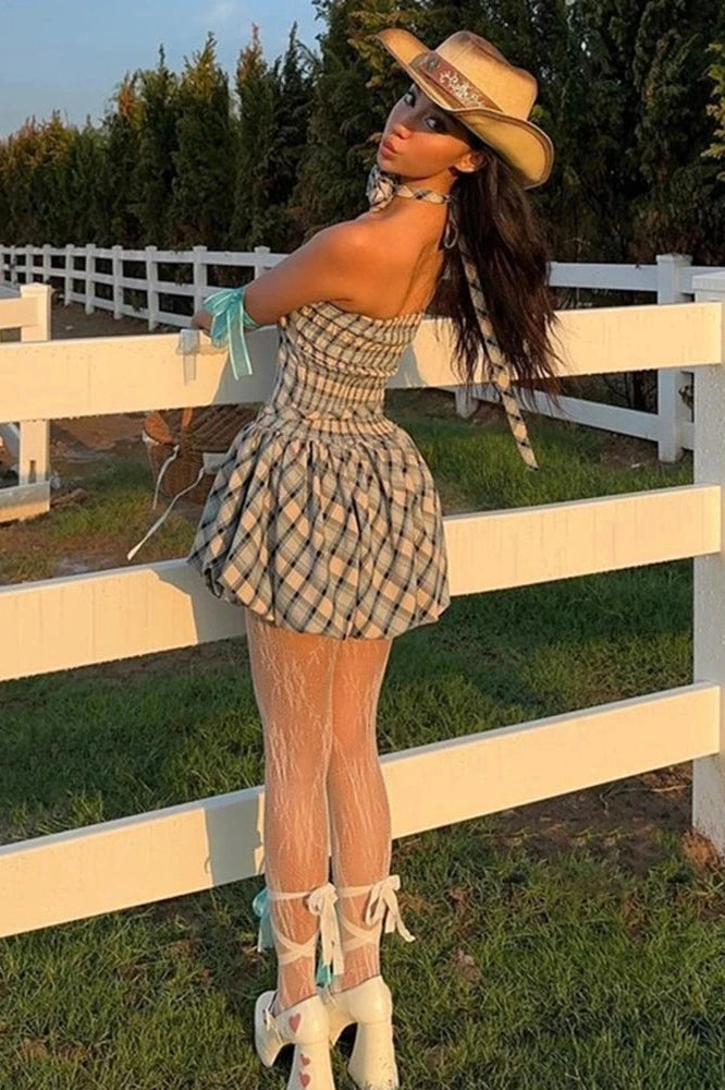 Glorol - Elegant Floral Plaid Print Straps Mini Dress