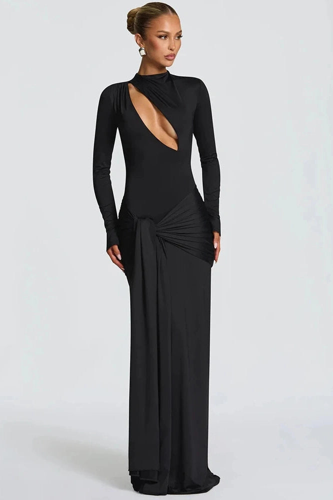 Glorol - Hollow Out Long Sleeve O Neck Bodycon Maxi Dress