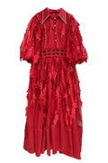 Glorol - Elegant Loose Puff Sleeve High Waist Midi Dress